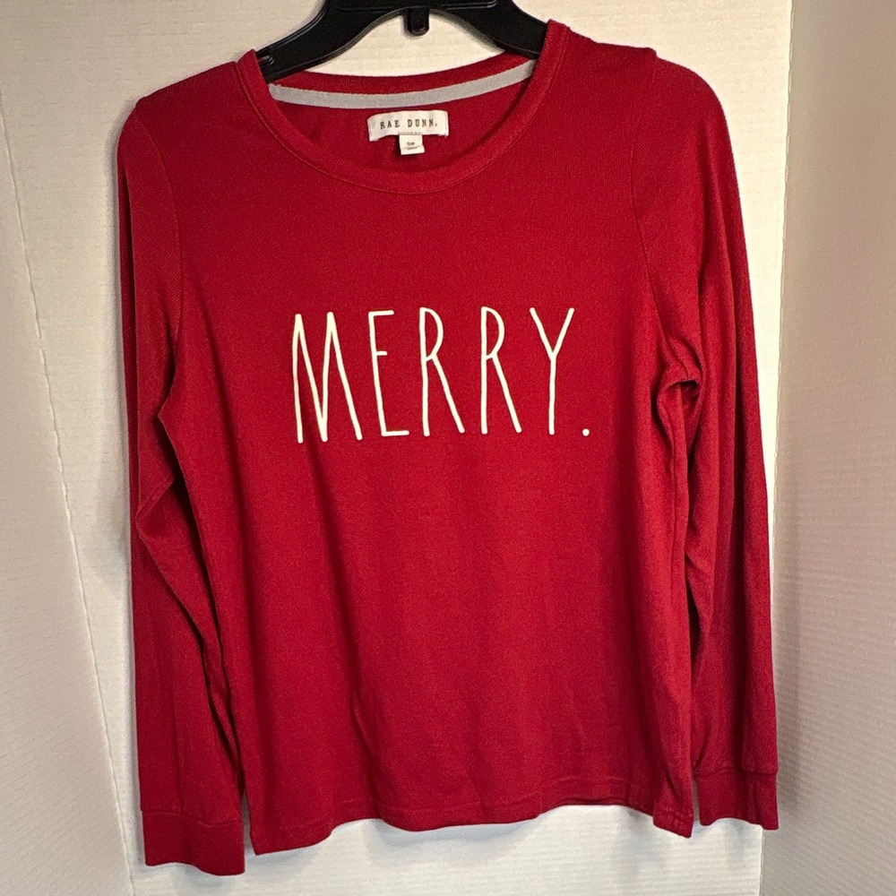 Rae Dunn Women's Red MERRY Graphic Pajama Top S Long Sleeve Round Neck